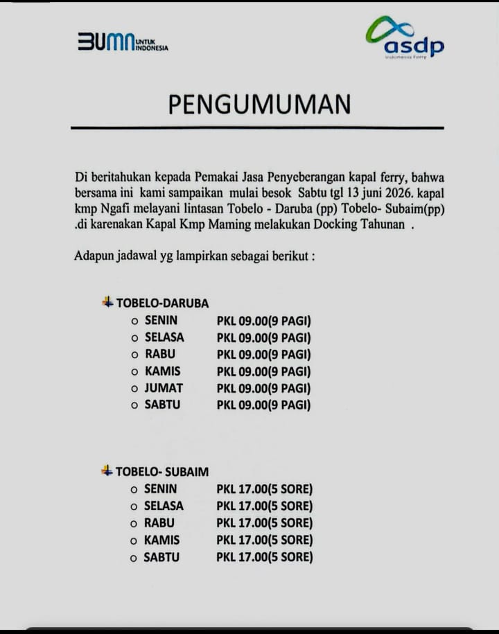 Jadwal Penyeberangan Feri Subaim – Tobelo